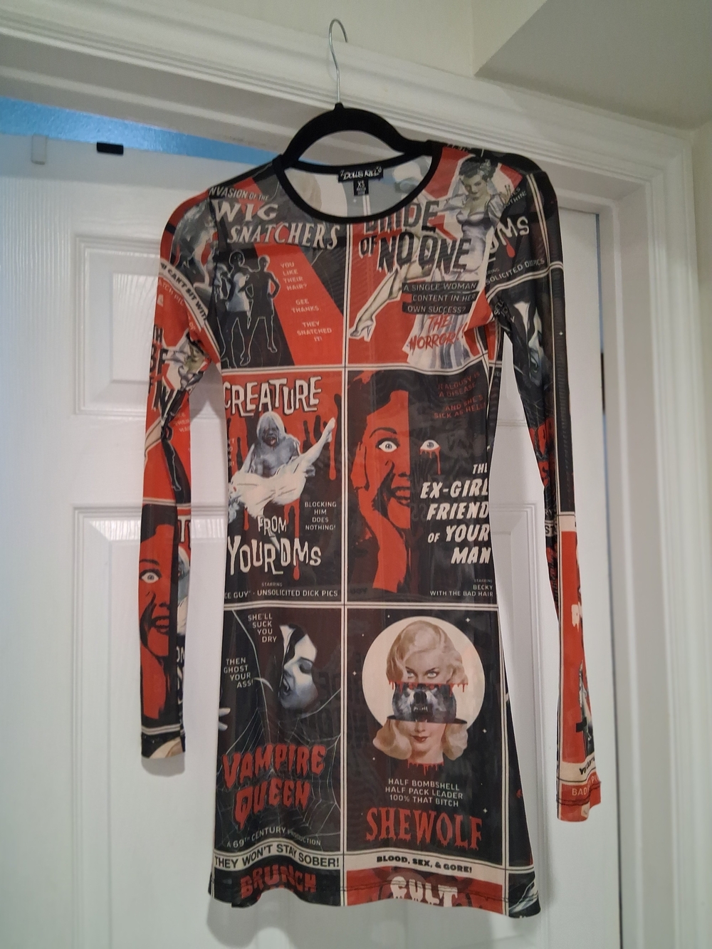 Dolls Kill Red Black Graphic Comic-Print Long Sleeve Mini Dress